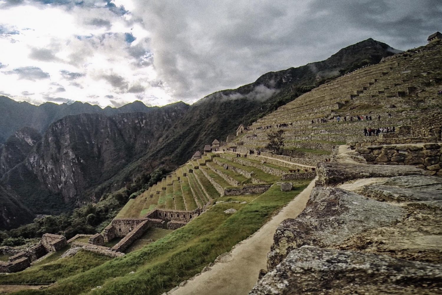 Inca agricultural terraces and stone ruins climbing the steep hillside of Machu Picchu citadel