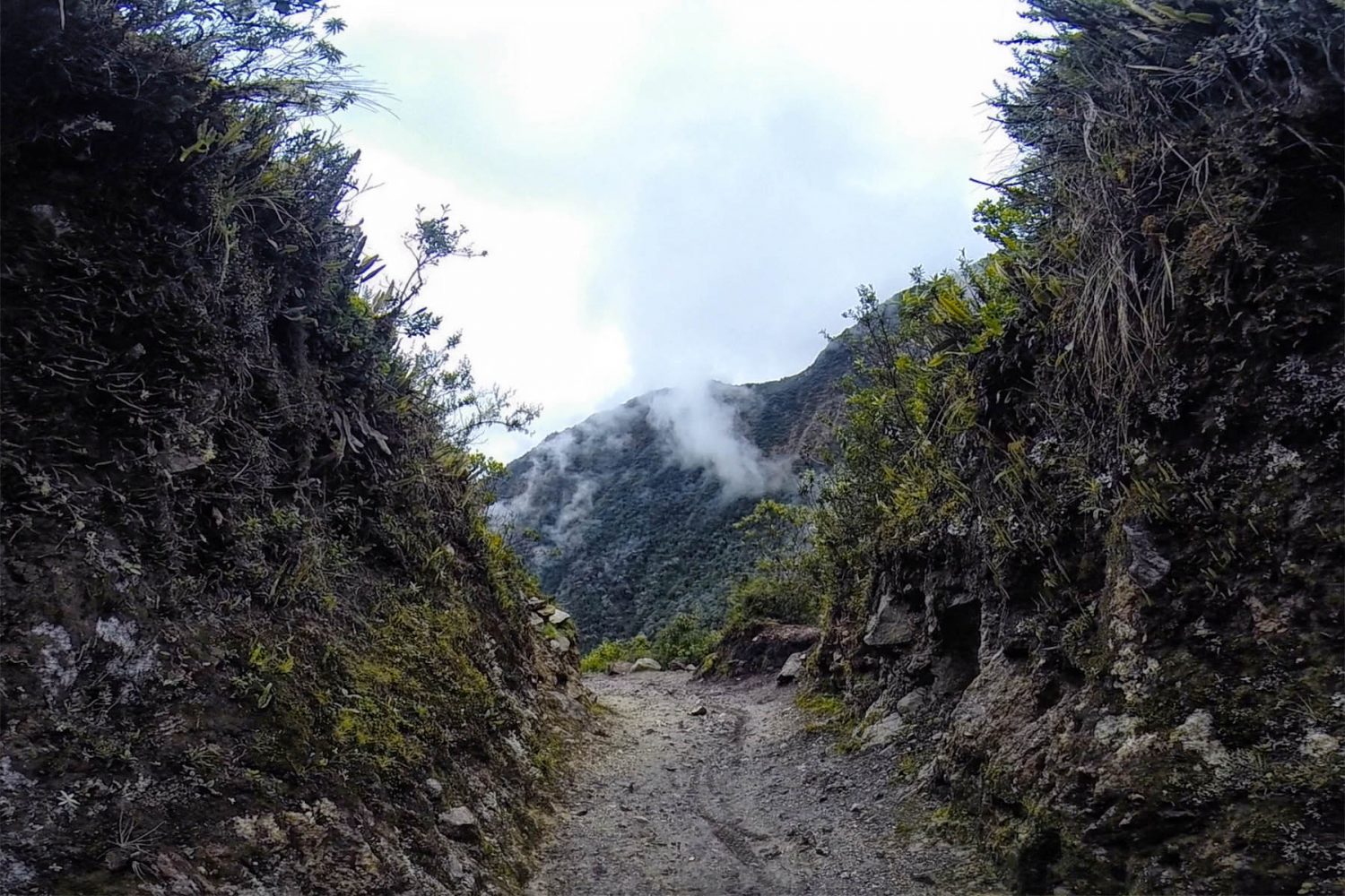 Trekking path crossing through a high mountain pass with snow peaks in Salkantay 5 Days