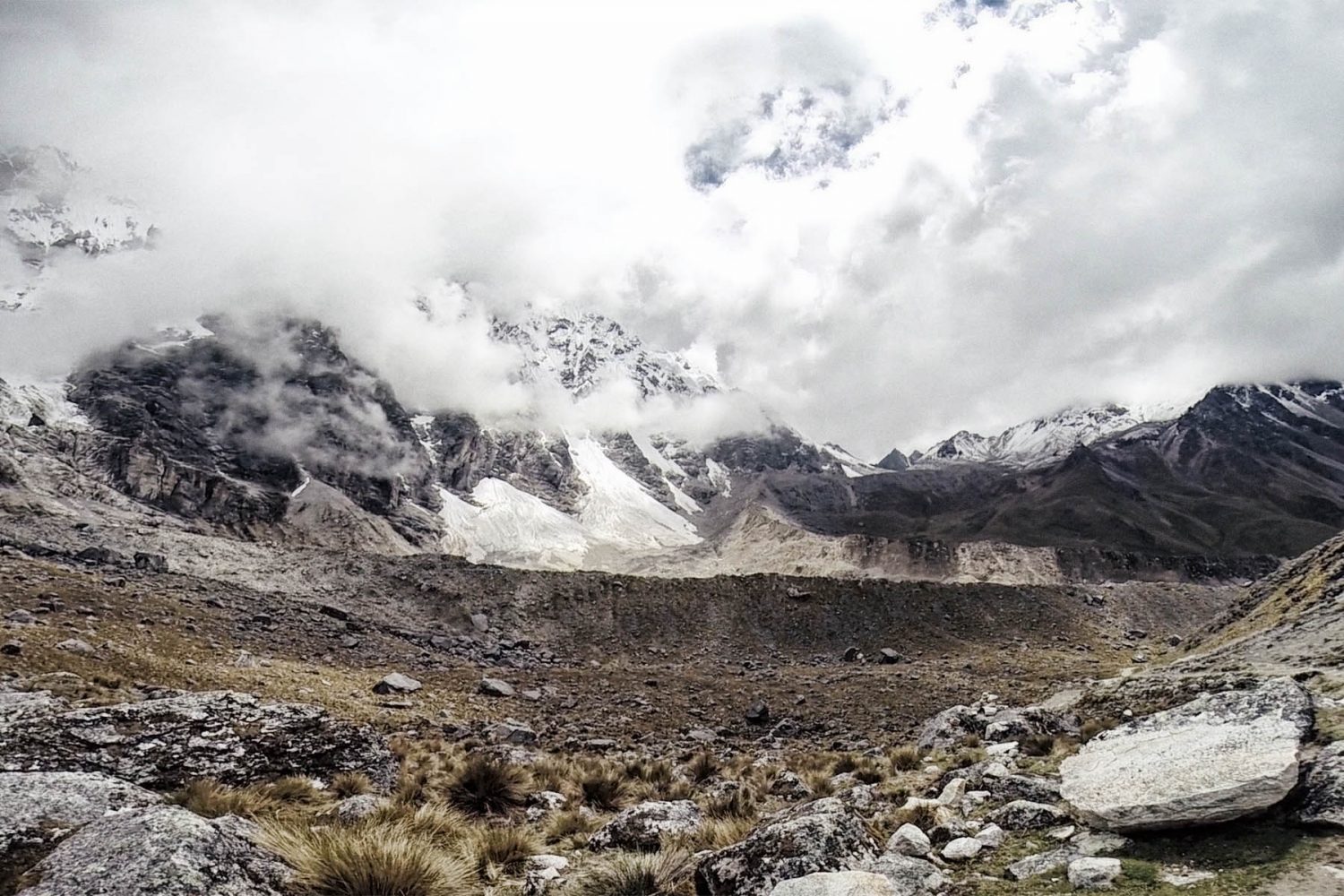 Detailed close-up of the snow-covered glacial ridges of the sacred Salkantay mountain peak
