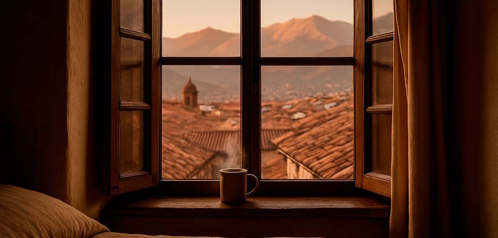 Vista desde la ventana de un alojamiento en Cusco al amanecer, con los tejados de San Blas y una taza de café humeante.
