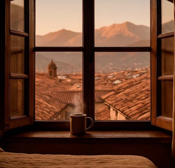 Vista desde la ventana de un alojamiento en Cusco al amanecer, con los tejados de San Blas y una taza de café humeante.