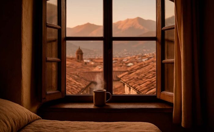 Vista desde la ventana de un alojamiento en Cusco al amanecer, con los tejados de San Blas y una taza de café humeante.