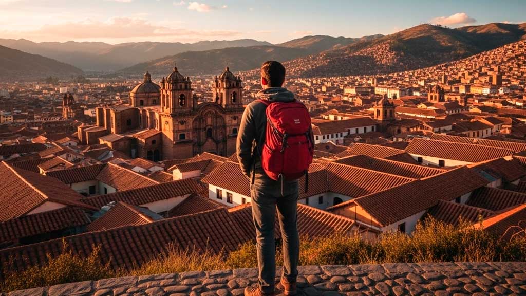 Panoramic view of Cusco's Plaza de Armas at sunrise, the starting point for a perfect tour of Cusco in one day.