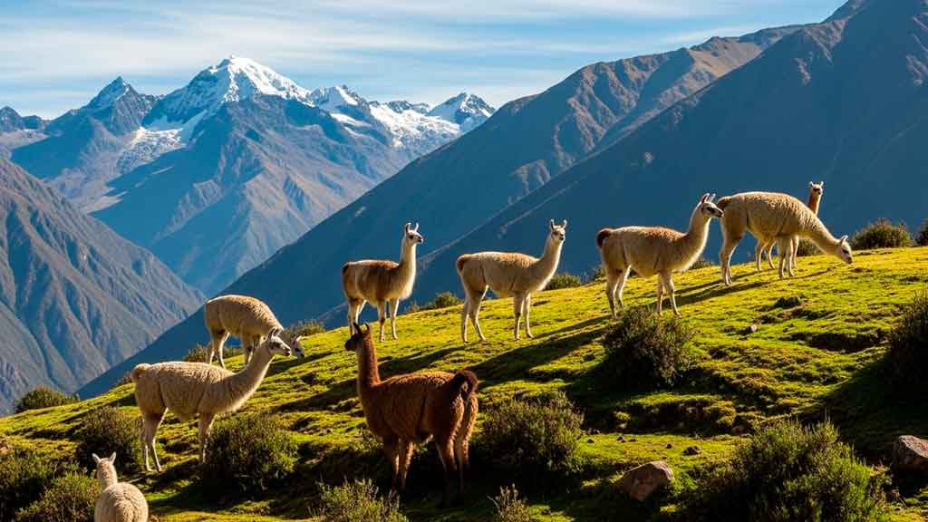 Llamas and alpacas grazing in the Cusco region with Andean mountains in the background.