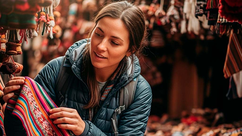 A traveler enjoying an authentic shopping in Cusco experience, Browse colorful handmade textiles at a local artisan market.