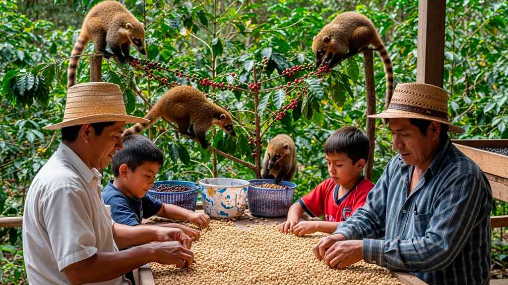 A Peruvian farmer family harvesting coffee cherries in the lush Amazon rainforest.