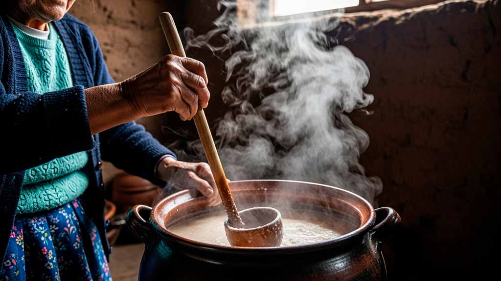 The traditional process of making Chicha de Jora, showing the germinated corn being prepared for fermentation in a rustic Andean setting.