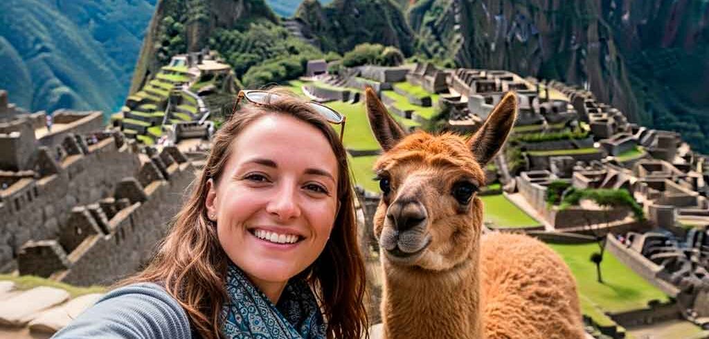 Turista europea tomando una selfie con una alpaca en Machu Picchu, Perú. Uno de los mejores lugares para tomarte fotos con alpacas y llamas.
