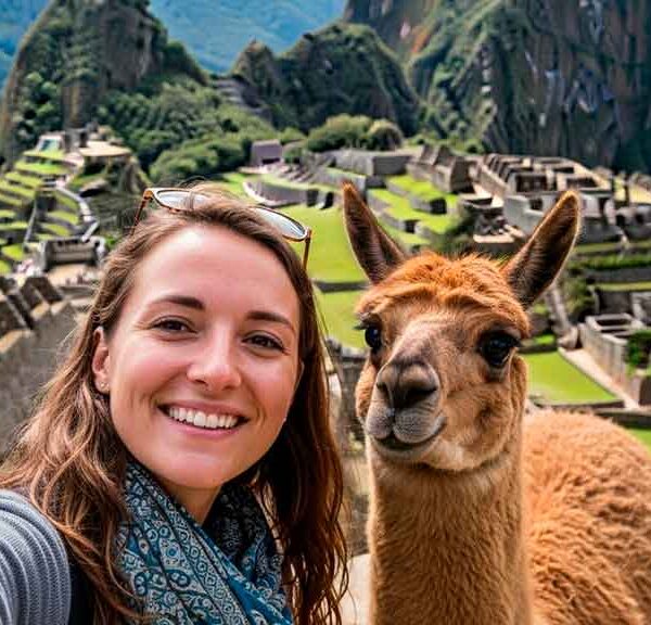 Turista europea tomando una selfie con una alpaca en Machu Picchu, Perú. Uno de los mejores lugares para tomarte fotos con alpacas y llamas.