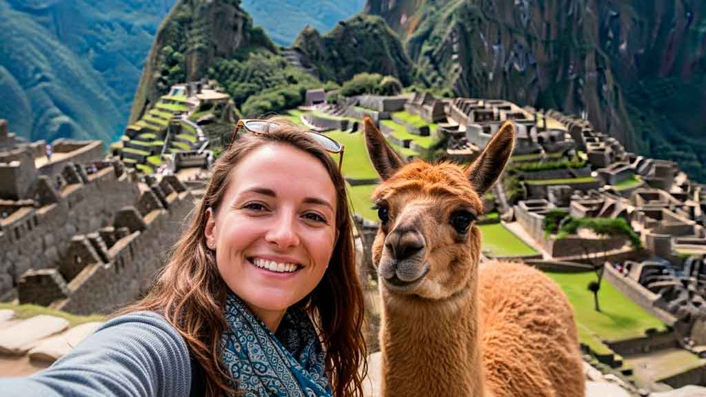 Turista europea tomando una selfie con una alpaca en Machu Picchu, Perú.