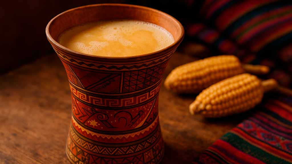 A traditional ceramic cup, known as a kero, filled with golden Chicha de Jora, the sacred Peruvian corn beer of the Incas.