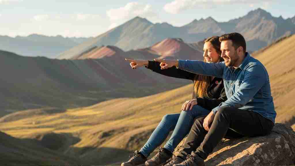 Pareja de turistas visitando la montaña de colores Palcoyo