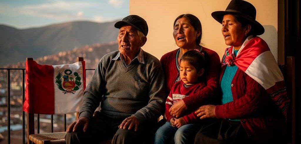 Una familia tipica peruana cantando juntos con la bandera de fondo, ilustrando la historia de la canción Contigo Perú.