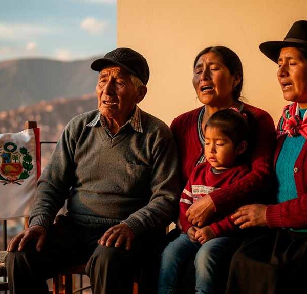 Una familia tipica peruana cantando juntos con la bandera de fondo, ilustrando la historia de la canción Contigo Perú.