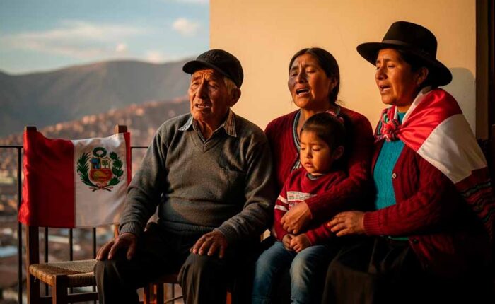 Una familia tipica peruana cantando juntos con la bandera de fondo, ilustrando la historia de la canción Contigo Perú.