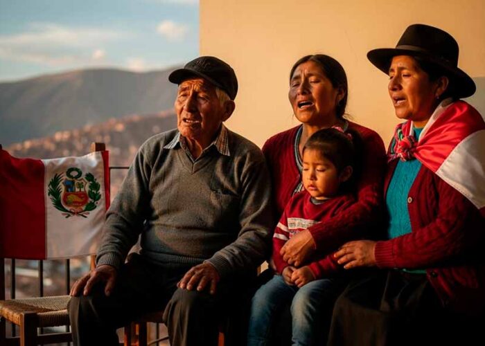 Una familia tipica peruana cantando juntos con la bandera de fondo, ilustrando la historia de la canción Contigo Perú.