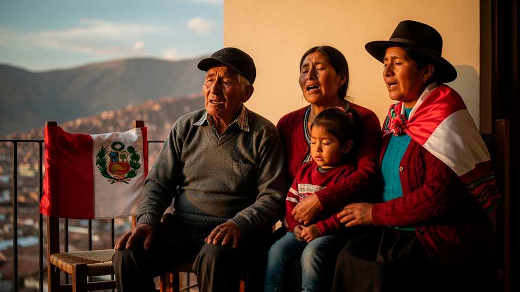 Una familia tipica peruana cantando juntos con la bandera de fondo, ilustrando la historia de la canción Contigo Perú.