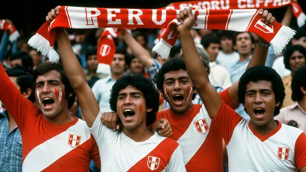 histórica imagen de hinchas peruanos cantando a todo pulmón el himno Contigo Perú en el estadio de futbol 