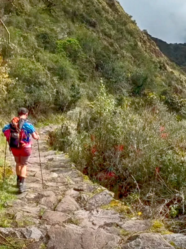 Tourists exploring the ancient stone terraces of Chachabamba ruins on the Short Inca Trail 2 Days