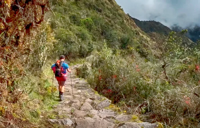 Tourists exploring the ancient stone terraces of Chachabamba ruins on the Short Inca Trail 2 Days