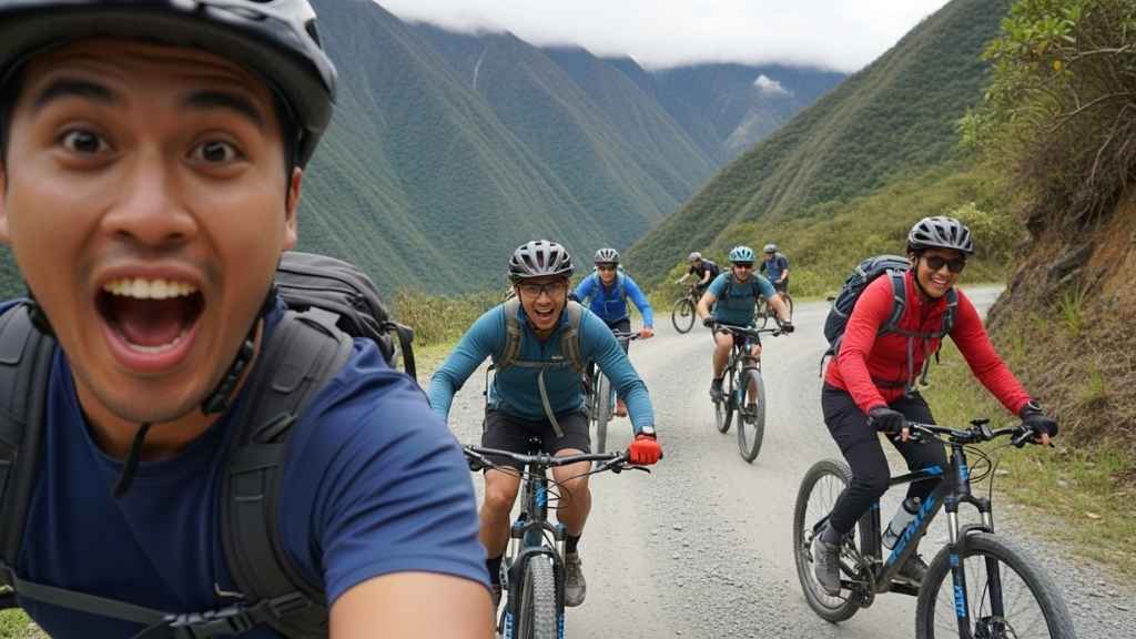 Un grupo de viajeros emocionados haciendo ciclismo de montaña en un camino andino durante el Inka Jungle Tour, una de las rutas de aventura a Machu Picchu.