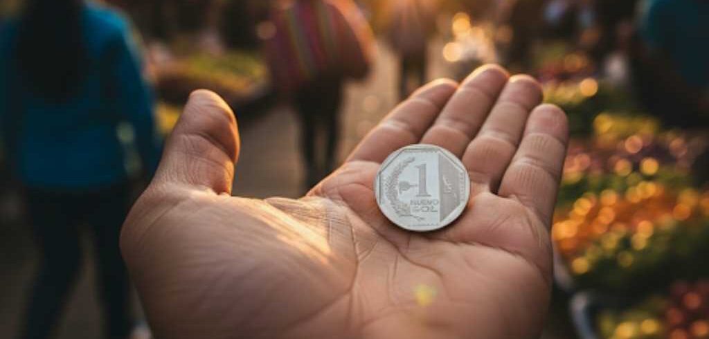 Una mano sosteniendo una moneda de un sol peruano, con un puesto de comida callejera desenfocado en el fondo, ilustrando qué comprar con un sol peruano en Cusco.