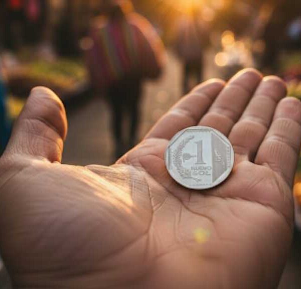 Una mano sosteniendo una moneda de un sol peruano, con un puesto de comida callejera desenfocado en el fondo, ilustrando qué comprar con un sol peruano en Cusco.