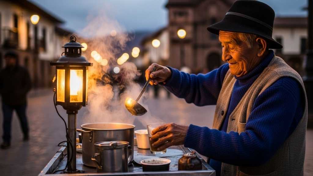 Un vendedor ambulante sirviendo una taza humeante de emoliente en un carrito de comida callejera en Cusco por la noche.