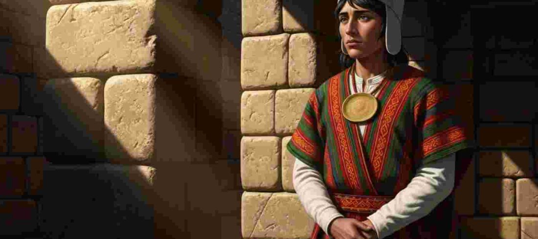 Un pampairuna, vestido con una túnica de cumbi, se encuentra en la entrada de un templo inca, representando la dualidad moral y la historia oculta de los incas