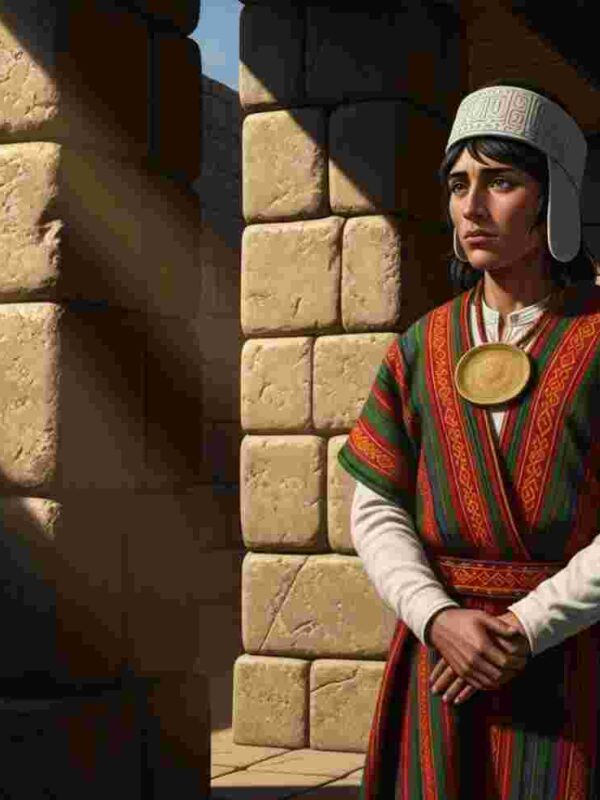 Un pampairuna, vestido con una túnica de cumbi, se encuentra en la entrada de un templo inca, representando la dualidad moral y la historia oculta de los incas