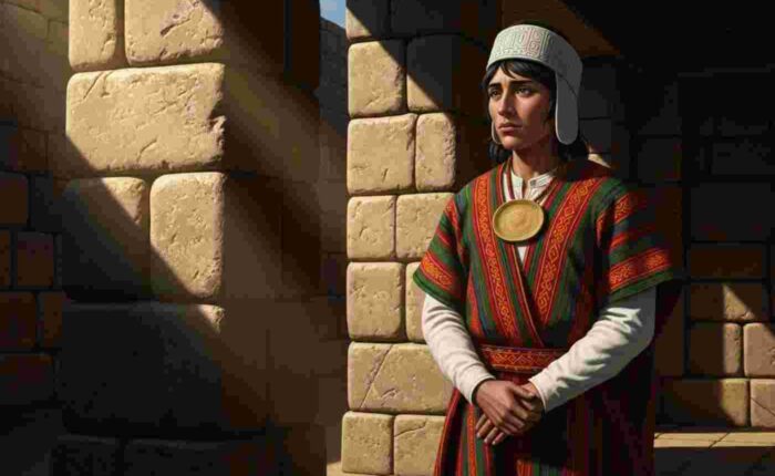 Un pampairuna, vestido con una túnica de cumbi, se encuentra en la entrada de un templo inca, representando la dualidad moral y la historia oculta de los incas