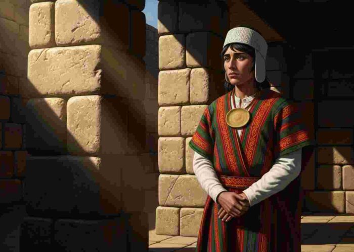 Un pampairuna, vestido con una túnica de cumbi, se encuentra en la entrada de un templo inca, representando la dualidad moral y la historia oculta de los incas