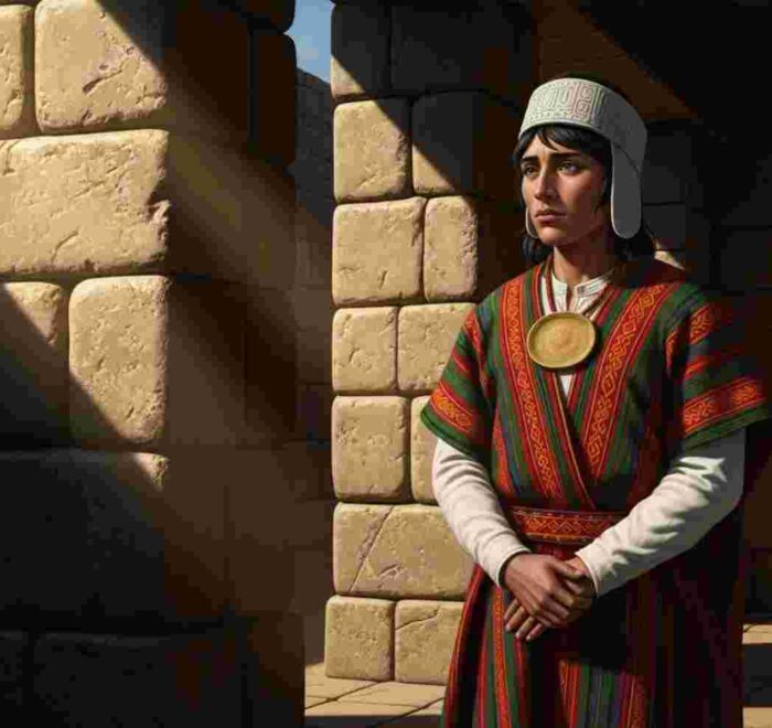 Un pampairuna, vestido con una túnica de cumbi, se encuentra en la entrada de un templo inca, representando la dualidad moral y la historia oculta de los incas