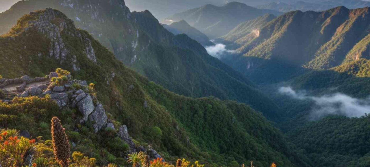 Vista panorámica de las laderas orientales de los Andes descendiendo hacia la Amazonía, mostrando la increíble biodiversidad de la selva alta peruana con sus bosques de neblina.