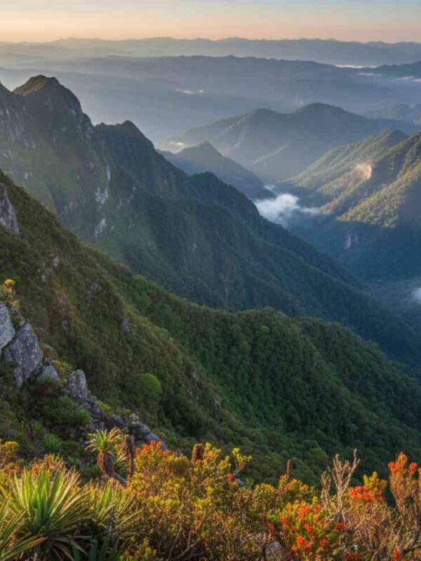 Vista panorámica de las laderas orientales de los Andes descendiendo hacia la Amazonía, mostrando la increíble biodiversidad de la selva alta peruana con sus bosques de neblina.