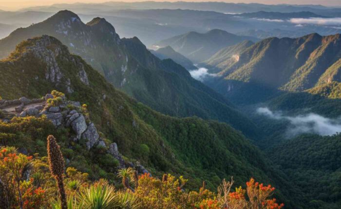 Vista panorámica de las laderas orientales de los Andes descendiendo hacia la Amazonía, mostrando la increíble biodiversidad de la selva alta peruana con sus bosques de neblina.