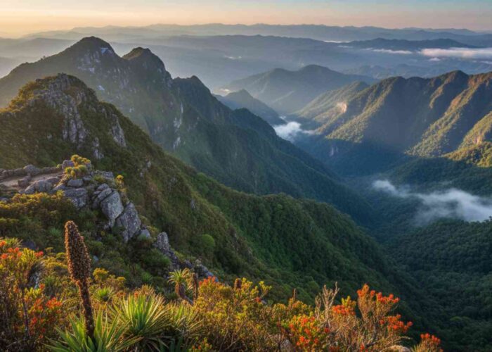 Vista panorámica de las laderas orientales de los Andes descendiendo hacia la Amazonía, mostrando la increíble biodiversidad de la selva alta peruana con sus bosques de neblina.