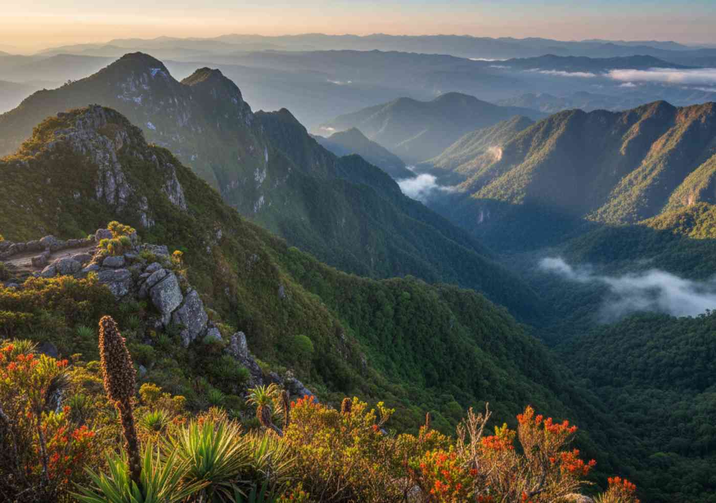 Vista panorámica de las laderas orientales de los Andes descendiendo hacia la Amazonía, mostrando la increíble biodiversidad de la selva alta peruana con sus bosques de neblina.