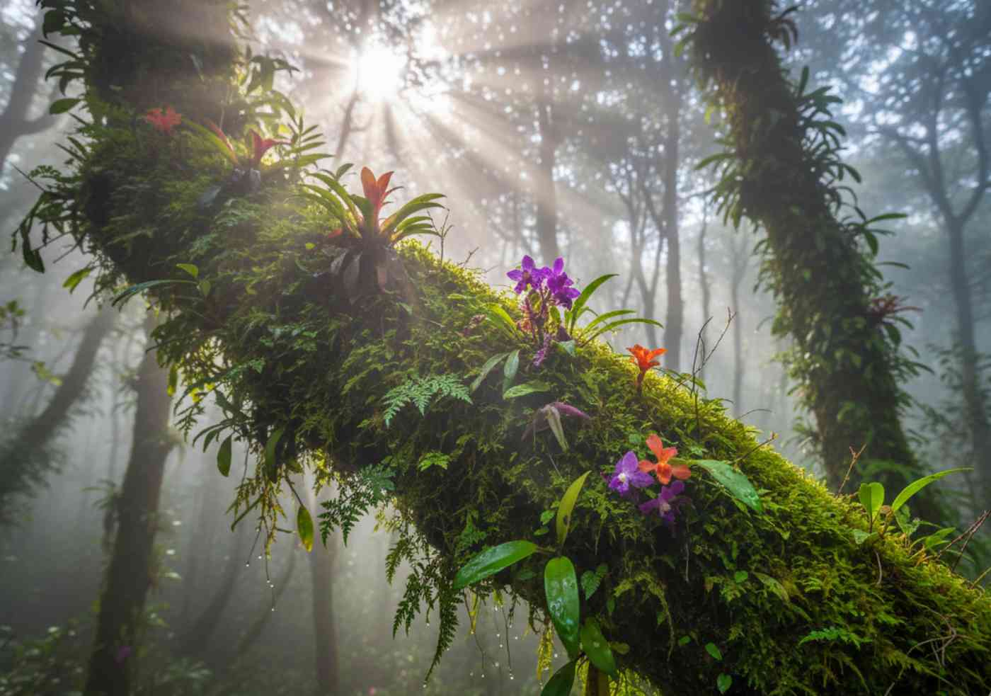Interior de los mágicos bosques de neblina de Perú, con árboles cubiertos de musgo y orquídeas, representando el ecosistema de la selva alta.