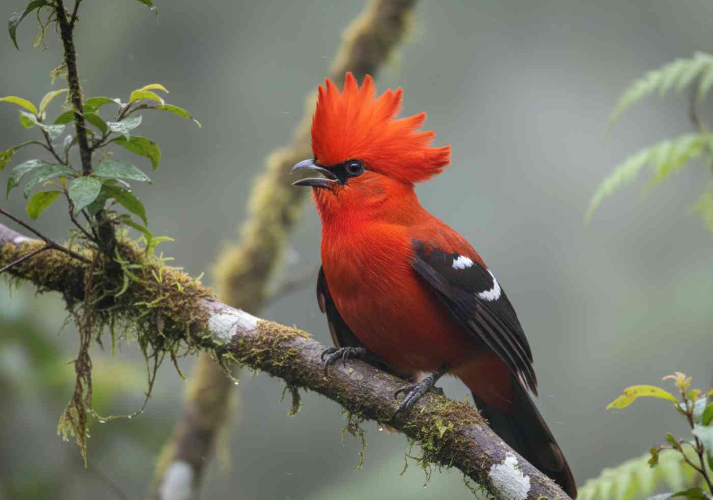 Un Gallito de las Rocas macho, con su plumaje rojo intenso, un ejemplo icónico de la fauna de la selva alta peruana, posado en una rama en el bosque.