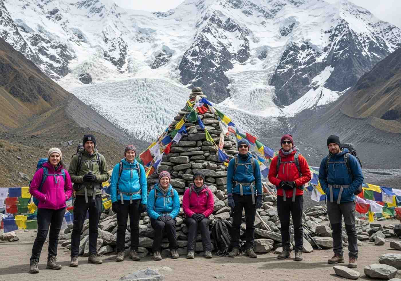 Vista panorámica desde la cima del Abra Salkantay con un grupo de viajeros celebrando el logro