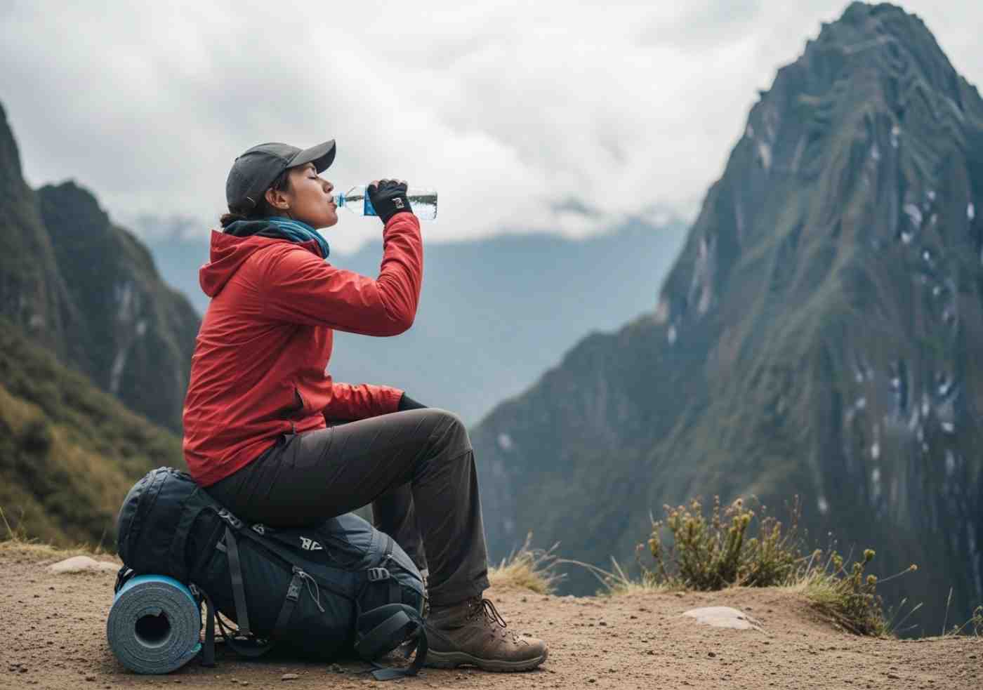 Viajero bebiendo agua y respirando profundo como parte de su proceso de aclimatación en el Salkantay trek