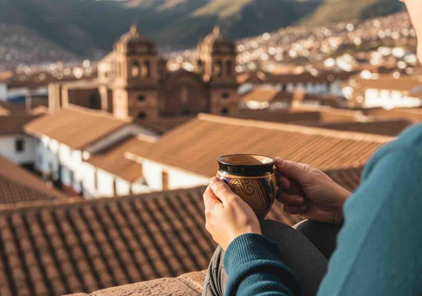 Viajero bebiendo mate de coca en Cusco durante su proceso de aclimatación para el Salkantay