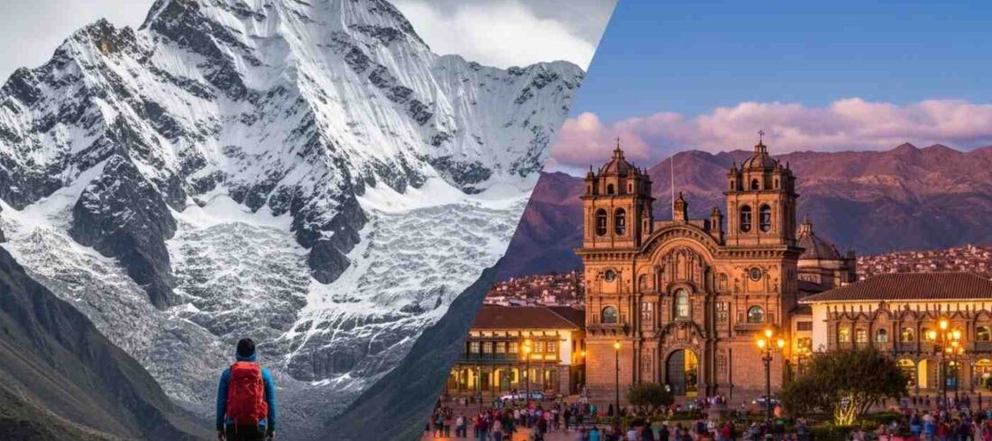Un montaje que muestra qué hacer en Cusco antes y después del Salkantay Trek, combinando una vista de la Plaza de Armas para la aclimatación con la majestuosa montaña Salkantay al fondo