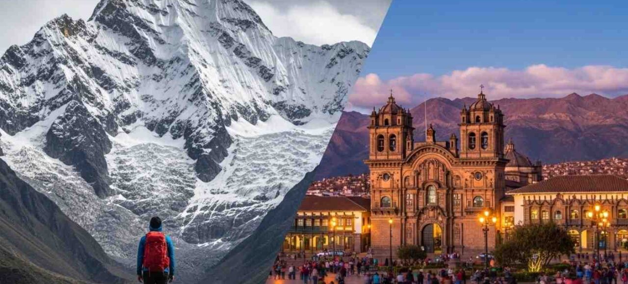 Un montaje que muestra qué hacer en Cusco antes y después del Salkantay Trek, combinando una vista de la Plaza de Armas para la aclimatación con la majestuosa montaña Salkantay al fondo