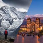 Un montaje que muestra qué hacer en Cusco antes y después del Salkantay Trek, combinando una vista de la Plaza de Armas para la aclimatación con la majestuosa montaña Salkantay al fondo