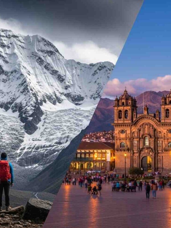 Un montaje que muestra qué hacer en Cusco antes y después del Salkantay Trek, combinando una vista de la Plaza de Armas para la aclimatación con la majestuosa montaña Salkantay al fondo