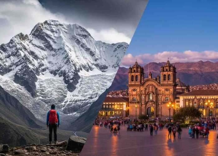 Un montaje que muestra qué hacer en Cusco antes y después del Salkantay Trek, combinando una vista de la Plaza de Armas para la aclimatación con la majestuosa montaña Salkantay al fondo
