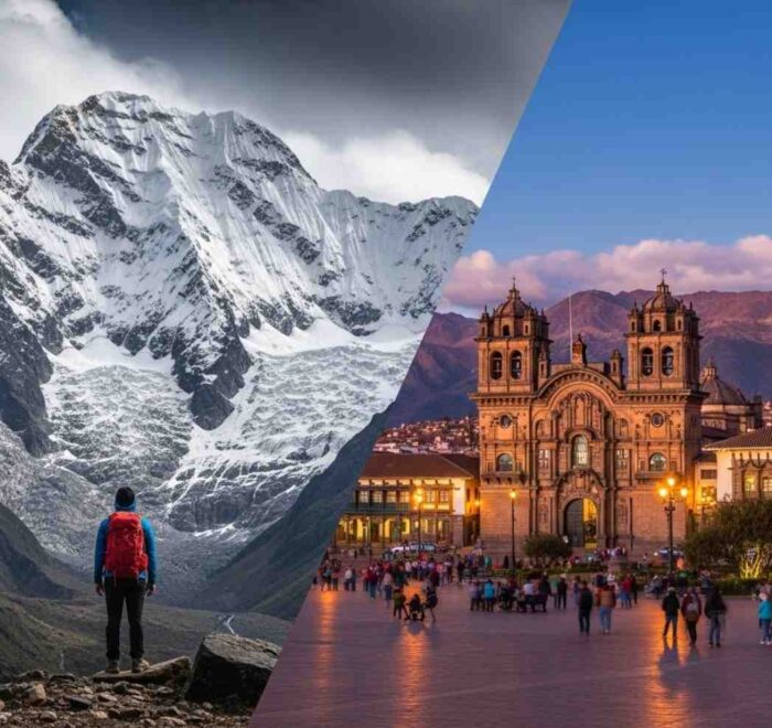 Un montaje que muestra qué hacer en Cusco antes y después del Salkantay Trek, combinando una vista de la Plaza de Armas para la aclimatación con la majestuosa montaña Salkantay al fondo