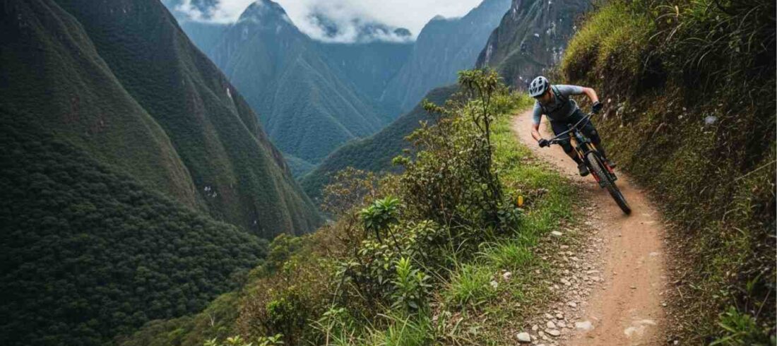 Un ciclista de montaña sintiendo la adrenalina en el camino a Machu Picchu, descendiendo a toda velocidad por un sendero andino con la selva de fondo